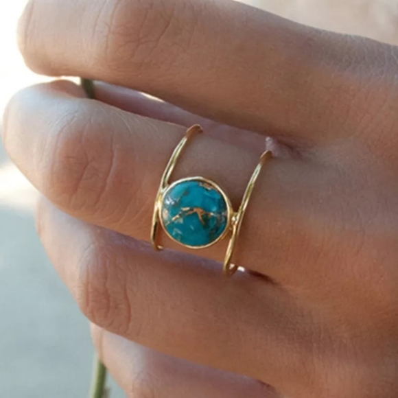 NEW Copper Turquoise Double Layer Inlaid Ring | 18k Gold Plated - Picture 2 of 9